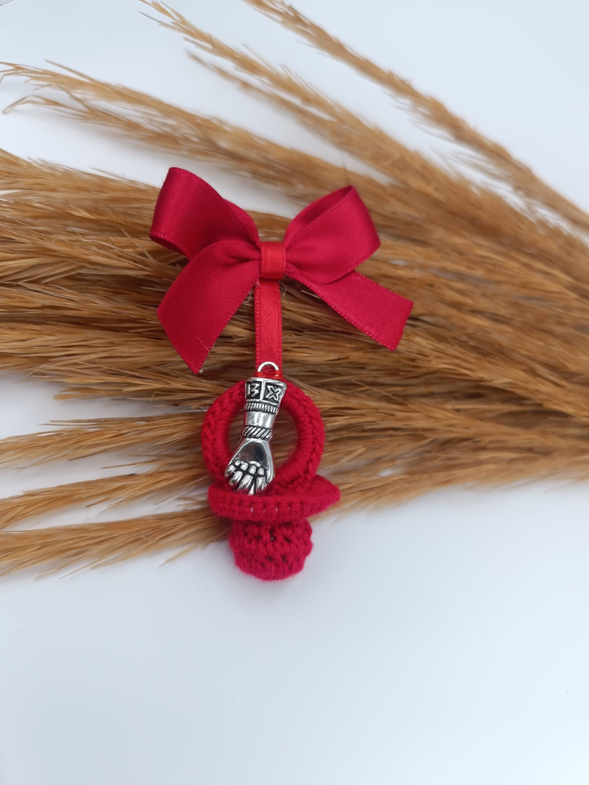 Protective Amulet, Red Bow Brooch for the evil eye for babies, with Medal of the Virgin of Rocío.