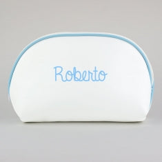 Neceser Polipiel Blanco-Ribete Azul Personalizado