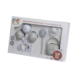 Set Bebe 4 Piezas Sonajero Chupete Cadeneta y Portachupete Gris