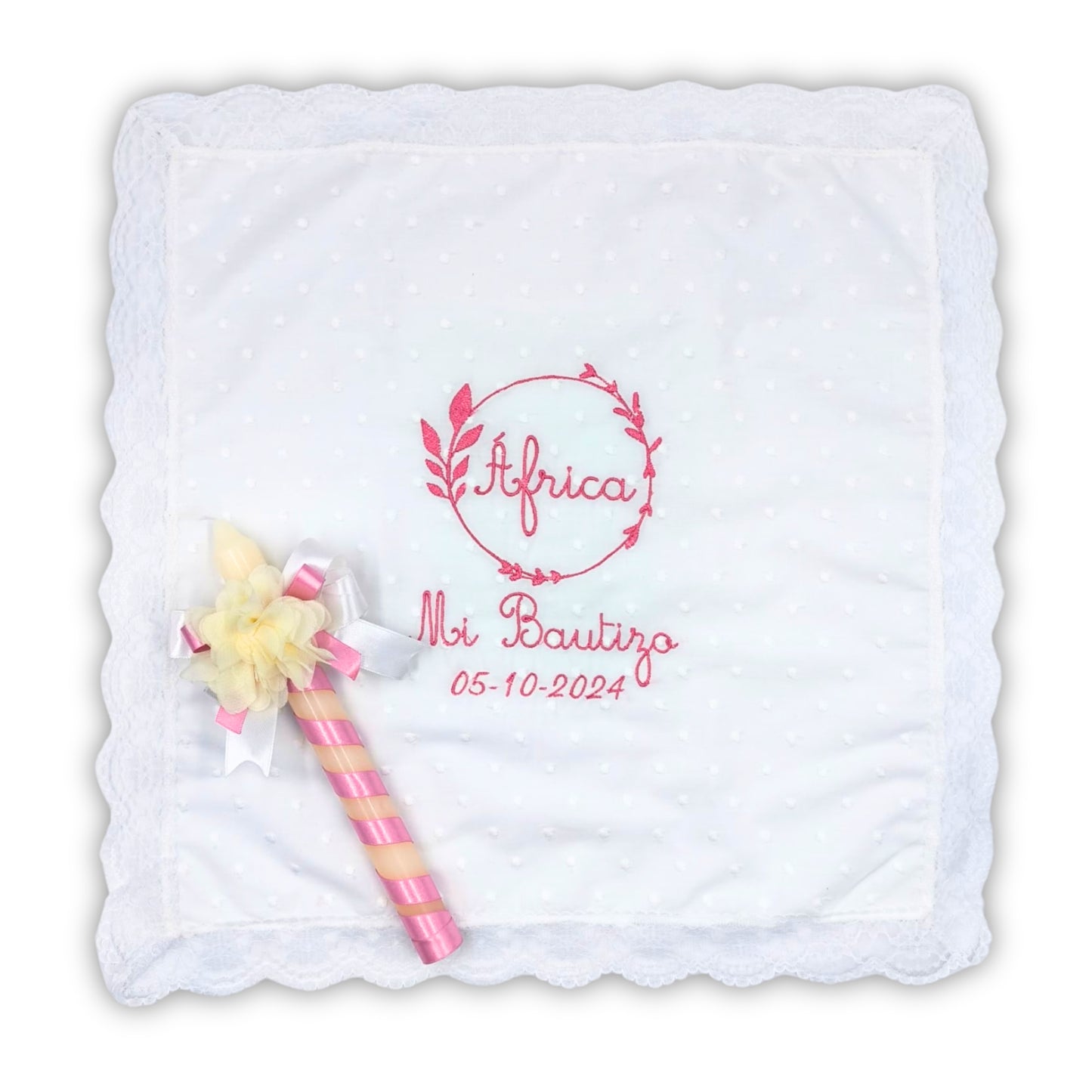 Pita Home®️ Pañuelo de Bautizo Personalizado y Bordado en Tela de Plumeti, con vela y concha - Pañuelo Especial para Bebé con Lazo de Nilón, Ideal como Regalo.