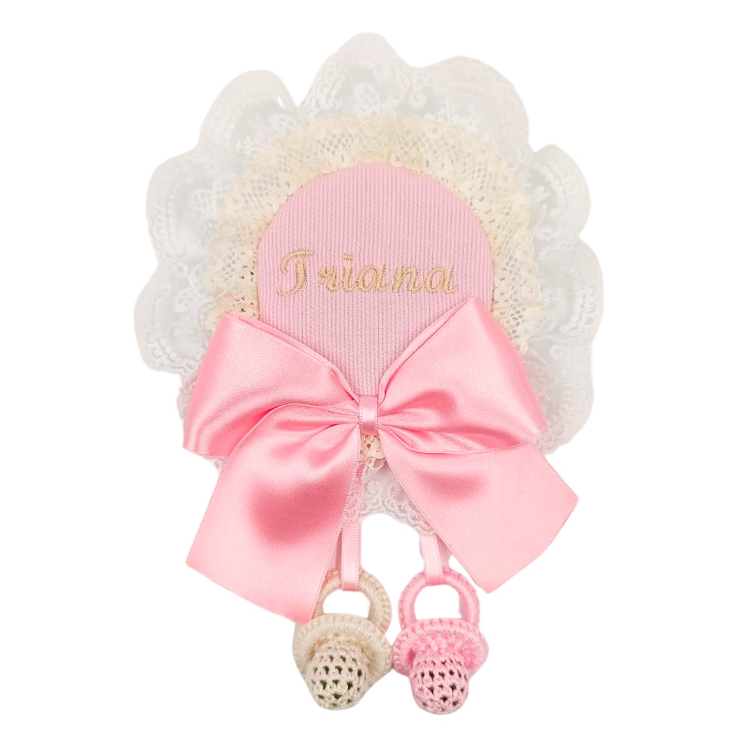 PITA HOME®, Broche con Lazo y Nombre con color personalizado, con dos chupetes.