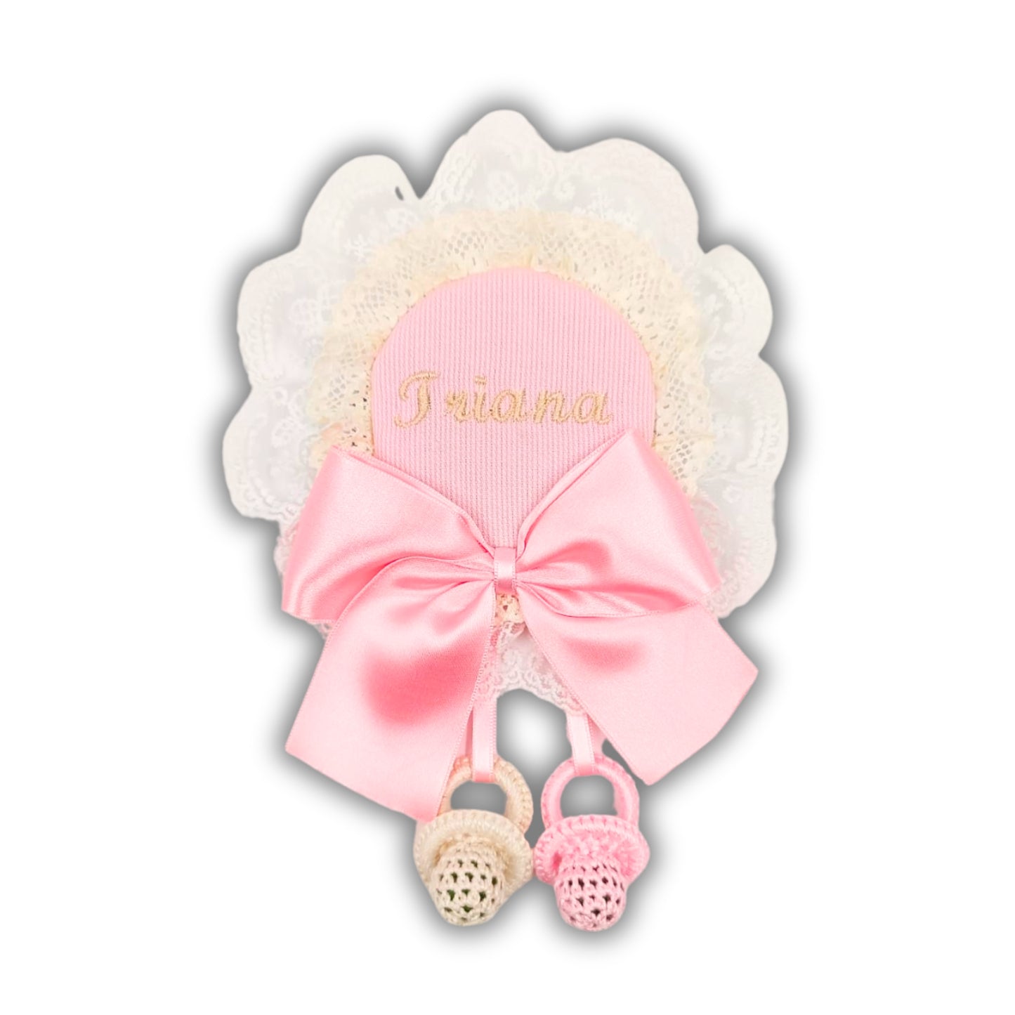 PITA HOME®, Broche con Lazo y Nombre con color personalizado, con dos chupetes.