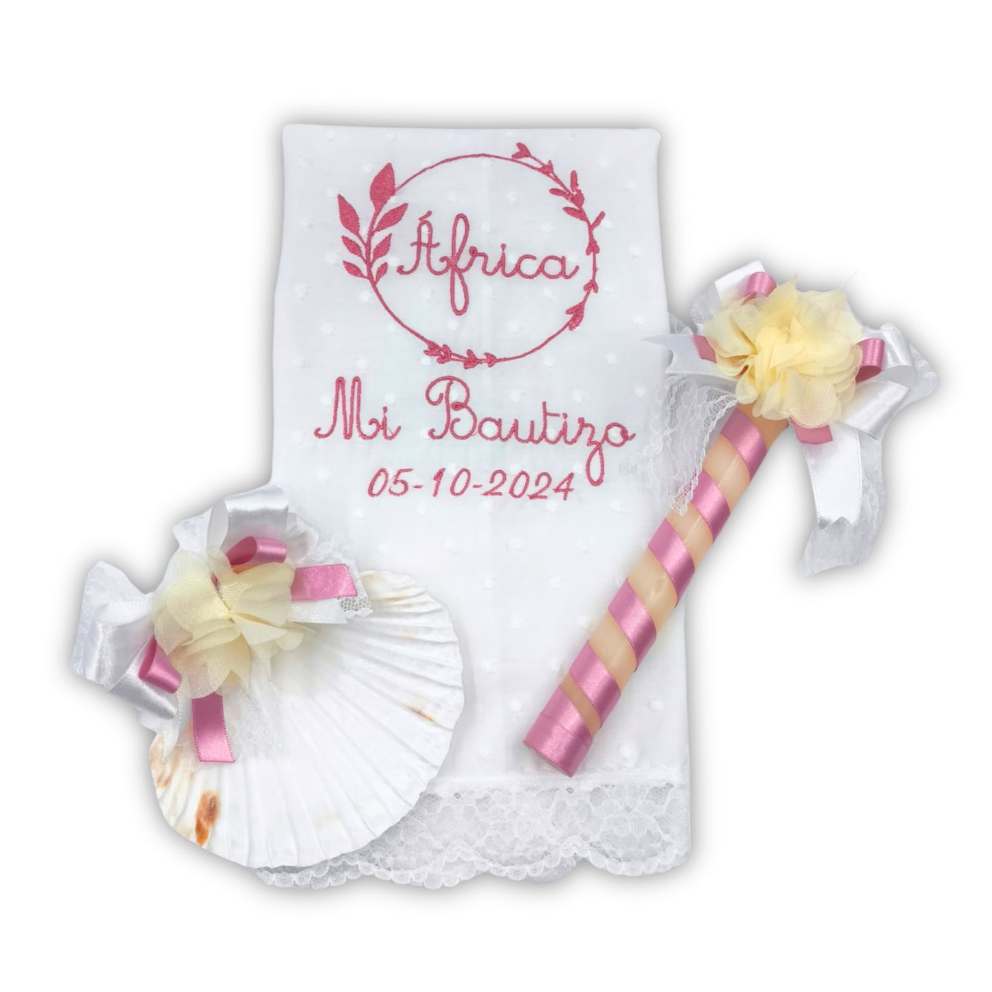 Pita Home®️ Pañuelo de Bautizo Personalizado y Bordado en Tela de Plumeti, con vela y concha - Pañuelo Especial para Bebé con Lazo de Nilón, Ideal como Regalo.