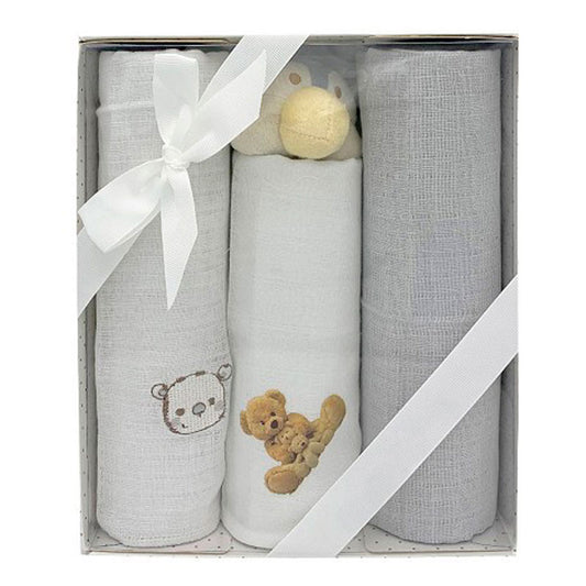 Set Regalo 3 Gasas Ositos 45x45cm y Peluche Sonajero Gris