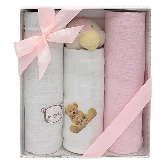 Set Regalo 3 Gasas Ositos 45x45cm y Peluche Sonajero Rosa