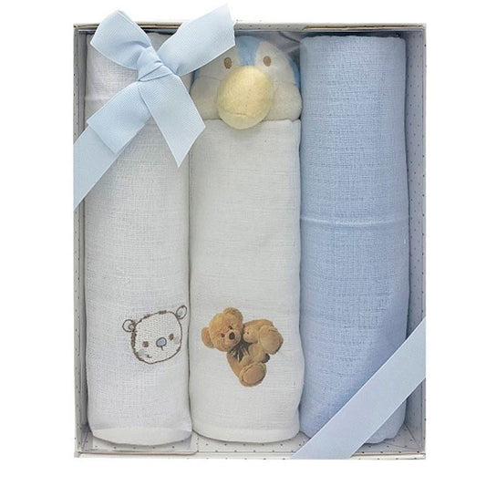 Set Regalo 3 Gasas Ositos 45x45cm y Peluche Sonajero Azul