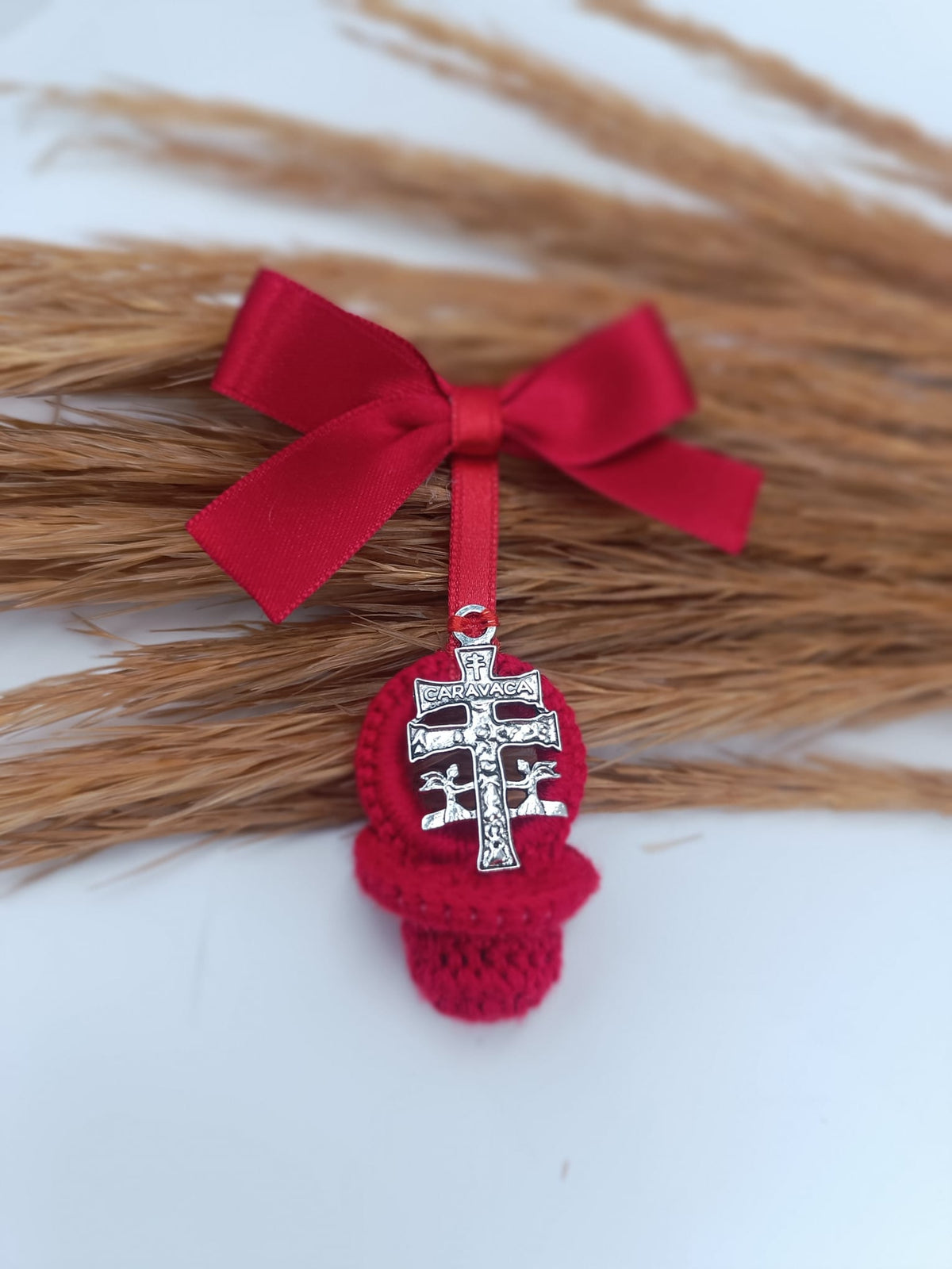 Protective Amulet, Red Bow Brooch for the evil eye for babies, with Medal of the Virgin of Rocío.