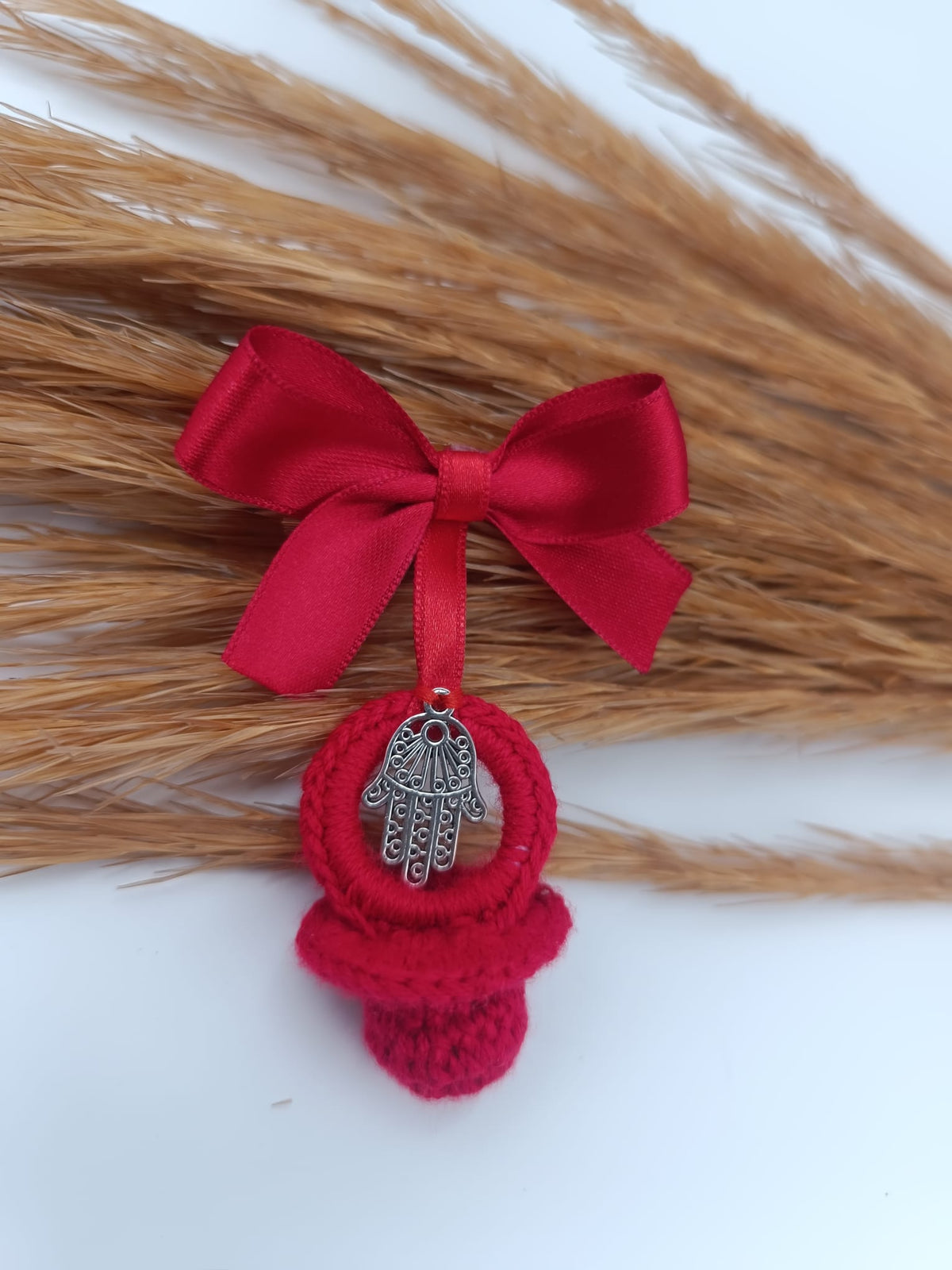 Protective Amulet, Red Bow Brooch for the evil eye for babies, with Medal of the Virgin of Rocío.