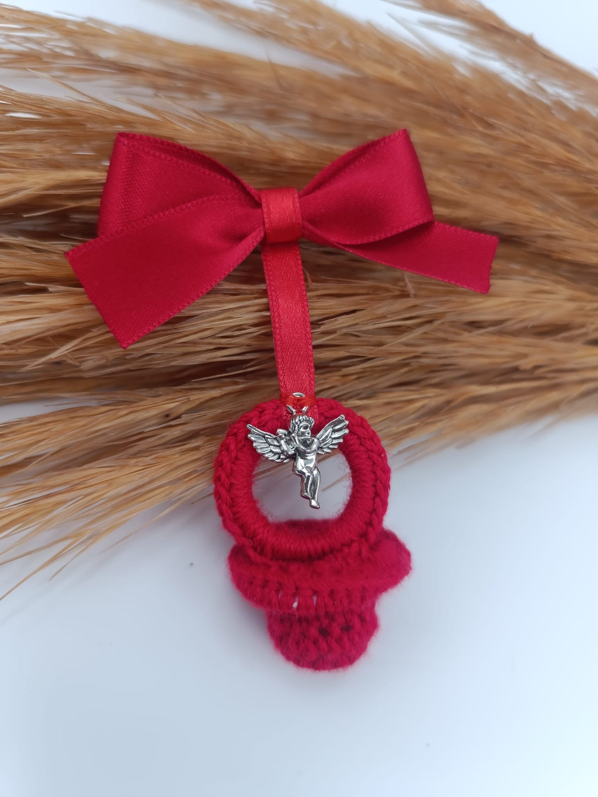 Protective Amulet, Red Bow Brooch for the evil eye for babies, with Medal of the Virgin of Rocío.