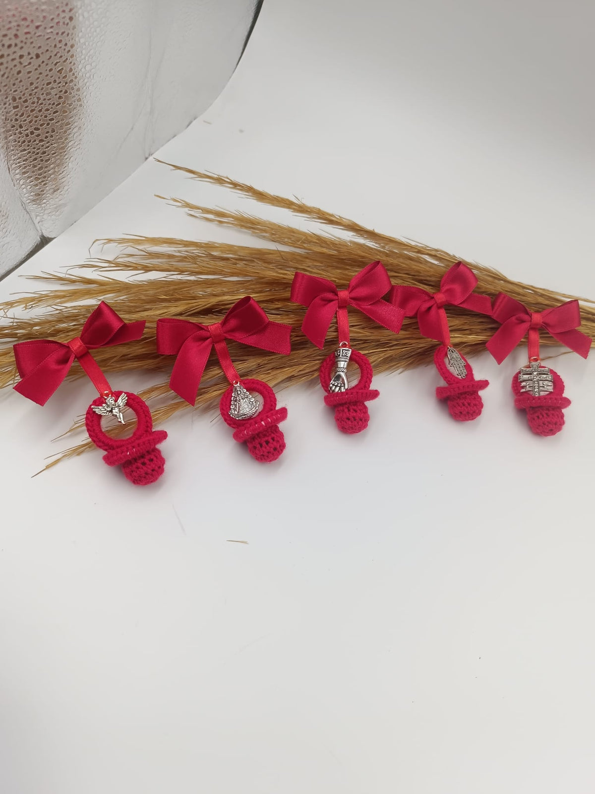 Protective Amulet, Red Bow Brooch for the evil eye for babies, with Medal of the Virgin of Rocío.