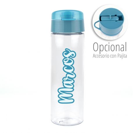 Botella Caligrafía Azul 600 ml personalizada con accesorio para pajitas