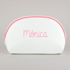 Neceser Polipiel Blanco-Ribete Rosa Personalizado