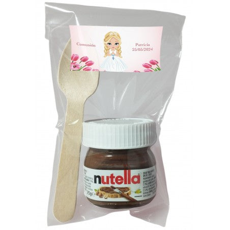 Nutella con cuchara en bolsa transparente personalizada con adhesivo niña comunión