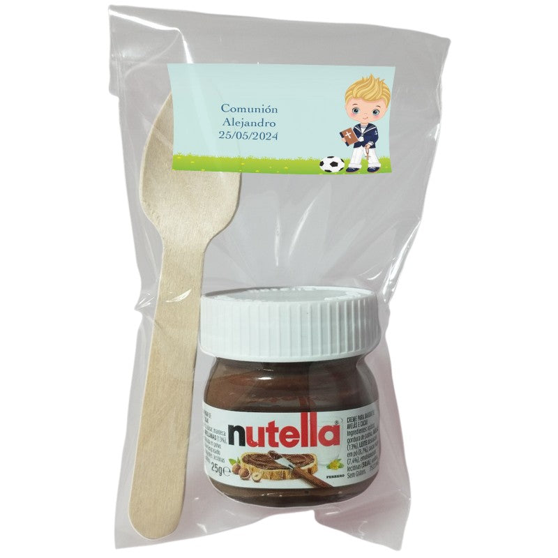 Nutella para comunión niño con cuchara en bolsa transparente personalizada con adhesivo